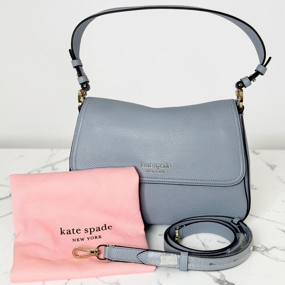 Kate Spade Hudson Medium Shoulder Bag Blue Pebbled Leather Crossbody NEW